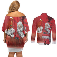Albania Santa Christmas Couples Matching Off Shoulder Short Dress and Long Sleeve Button Shirt Christmas Albanian Eagle Flag Style - Wonder Print Shop