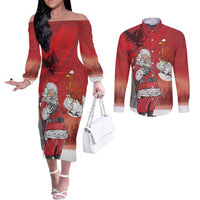 Albania Santa Christmas Couples Matching Off The Shoulder Long Sleeve Dress and Long Sleeve Button Shirt Christmas Albanian Eagle Flag Style - Wonder Print Shop
