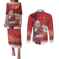 Albania Santa Christmas Couples Matching Puletasi and Long Sleeve Button Shirt Christmas Albanian Eagle Flag Style - Wonder Print Shop