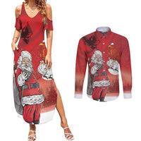 Albania Santa Christmas Couples Matching Summer Maxi Dress and Long Sleeve Button Shirt Christmas Albanian Eagle Flag Style - Wonder Print Shop