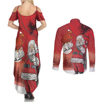 Albania Santa Christmas Couples Matching Summer Maxi Dress and Long Sleeve Button Shirt Christmas Albanian Eagle Flag Style - Wonder Print Shop