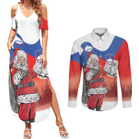Slovenia Santa Christmas Couples Matching Summer Maxi Dress and Long Sleeve Button Shirt Slovenija Vesel Bozic Flag Style - Wonder Print Shop