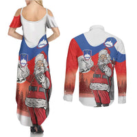 Slovenia Santa Christmas Couples Matching Summer Maxi Dress and Long Sleeve Button Shirt Slovenija Vesel Bozic Flag Style - Wonder Print Shop
