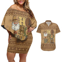 Western Cowboy Christmas Couples Matching Off Shoulder Short Dress and Hawaiian Shirt Cowboy Santa Ho Ho Ho Retro - Wonder Print Shop