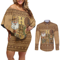 Western Cowboy Christmas Couples Matching Off Shoulder Short Dress and Long Sleeve Button Shirt Cowboy Santa Ho Ho Ho Retro - Wonder Print Shop