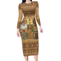 Western Cowboy Christmas Long Sleeve Bodycon Dress Cowboy Santa Ho Ho Ho Retro - Wonder Print Shop