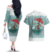 Cowboy Christmas Couples Matching Off The Shoulder Long Sleeve Dress and Hawaiian Shirt Giddy Up Jingle Horse Green Version - Wonder Print Shop