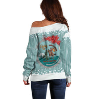 Cowboy Christmas Off Shoulder Sweater Giddy Up Jingle Horse Green Version - Wonder Print Shop
