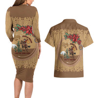 Cowboy Christmas Couples Matching Long Sleeve Bodycon Dress and Hawaiian Shirt Giddy Up Jingle Horse Brown Version - Wonder Print Shop