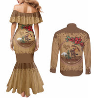 Cowboy Christmas Couples Matching Mermaid Dress and Long Sleeve Button Shirt Giddy Up Jingle Horse Brown Version - Wonder Print Shop