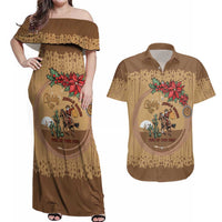 Cowboy Christmas Couples Matching Off Shoulder Maxi Dress and Hawaiian Shirt Giddy Up Jingle Horse Brown Version - Wonder Print Shop