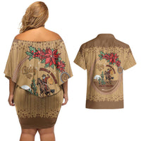 Cowboy Christmas Couples Matching Off Shoulder Short Dress and Hawaiian Shirt Giddy Up Jingle Horse Brown Version - Wonder Print Shop
