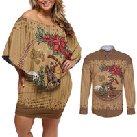 Cowboy Christmas Couples Matching Off Shoulder Short Dress and Long Sleeve Button Shirt Giddy Up Jingle Horse Brown Version - Wonder Print Shop