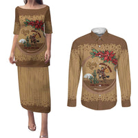 Cowboy Christmas Couples Matching Puletasi and Long Sleeve Button Shirt Giddy Up Jingle Horse Brown Version - Wonder Print Shop