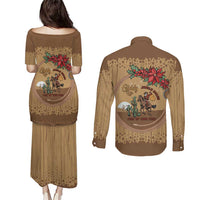Cowboy Christmas Couples Matching Puletasi and Long Sleeve Button Shirt Giddy Up Jingle Horse Brown Version - Wonder Print Shop