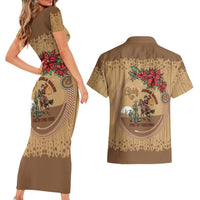 Cowboy Christmas Couples Matching Short Sleeve Bodycon Dress and Hawaiian Shirt Giddy Up Jingle Horse Brown Version - Wonder Print Shop