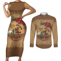 Cowboy Christmas Couples Matching Short Sleeve Bodycon Dress and Long Sleeve Button Shirt Giddy Up Jingle Horse Brown Version - Wonder Print Shop
