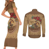 Cowboy Christmas Couples Matching Short Sleeve Bodycon Dress and Long Sleeve Button Shirt Giddy Up Jingle Horse Brown Version - Wonder Print Shop
