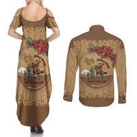 Cowboy Christmas Couples Matching Summer Maxi Dress and Long Sleeve Button Shirt Giddy Up Jingle Horse Brown Version - Wonder Print Shop