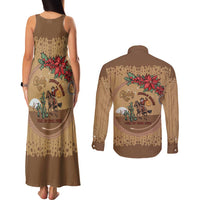 Cowboy Christmas Couples Matching Tank Maxi Dress and Long Sleeve Button Shirt Giddy Up Jingle Horse Brown Version - Wonder Print Shop