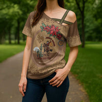 Cowboy Christmas Cross Shoulder Shirt Giddy Up Jingle Horse Brown Version - Wonder Print Shop