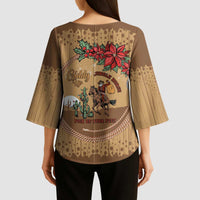 Cowboy Christmas Kimono Sleeve Blouse Giddy Up Jingle Horse Brown Version - Wonder Print Shop