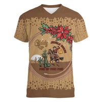 Cowboy Christmas Women V-Neck T-Shirt Giddy Up Jingle Horse Brown Version - Wonder Print Shop