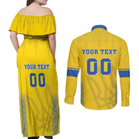 Custom Ukraine Football Couples Matching Off Shoulder Maxi Dress and Long Sleeve Button Shirt Come On Zbirna Yellow Version
