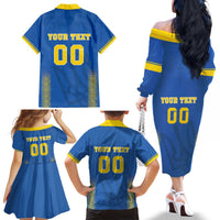 Custom Ukraine Football Family Matching Off The Shoulder Long Sleeve Dress and Hawaiian Shirt Come On Zbirna Blue Version