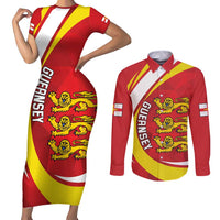 Guernsey Coat Of Arms Couples Matching Short Sleeve Bodycon Dress and Long Sleeve Button Shirt Sporty Style