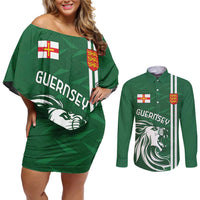 Custom Guernsey Football Couples Matching Off Shoulder Short Dress and Long Sleeve Button Shirt Go Champions
