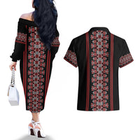 Traditional Spring Martisor Day Couples Matching Off The Shoulder Long Sleeve Dress and Hawaiian Shirt Romanian Embroidery Patterns