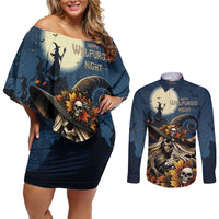 Happy Walpurgis Night Couples Matching Off Shoulder Short Dress and Long Sleeve Button Shirt Skull Witch Spooky Style