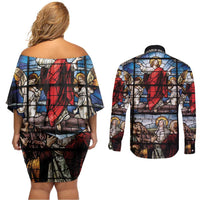 Happy Ascension Day Couples Matching Off Shoulder Short Dress and Long Sleeve Button Shirt Ascension Of Jesus Christ Stained Glass Windows