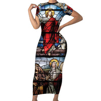 Happy Ascension Day Family Matching Short Sleeve Bodycon Dress and Hawaiian Shirt Ascension Of Jesus Christ Stained Glass Windows