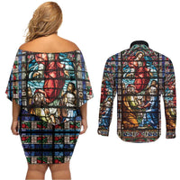 Happy Ascension Day Couples Matching Off Shoulder Short Dress and Long Sleeve Button Shirt Faith and Religion Stained Glass Windows