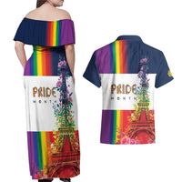 LGBTQ Pride Month Gay Couples Matching Off Shoulder Maxi Dress and Hawaiian Shirt Eiffel Tower Paris Rainbow Flag