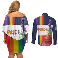LGBTQ Pride Month Gay Couples Matching Off Shoulder Short Dress and Long Sleeve Button Shirt Eiffel Tower Paris Rainbow Flag