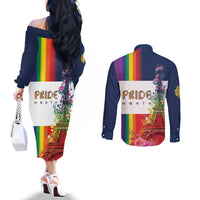 LGBTQ Pride Month Gay Couples Matching Off The Shoulder Long Sleeve Dress and Long Sleeve Button Shirt Eiffel Tower Paris Rainbow Flag