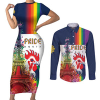 LGBTQ Pride Month Gay Couples Matching Short Sleeve Bodycon Dress and Long Sleeve Button Shirt Eiffel Tower Paris Rainbow Flag