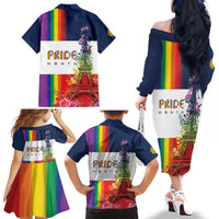 LGBTQ Pride Month Gay Family Matching Off The Shoulder Long Sleeve Dress and Hawaiian Shirt Eiffel Tower Paris Rainbow Flag