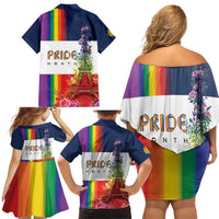 LGBTQ Pride Month Gay Family Matching Off Shoulder Short Dress and Hawaiian Shirt Eiffel Tower Paris Rainbow Flag