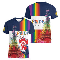 LGBTQ Pride Month Gay Women V-Neck T-Shirt Eiffel Tower Paris Rainbow Flag
