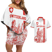 Custom Switzerland Football Couples Matching Off Shoulder Short Dress and Hawaiian Shirt Confoederatio Helvetica