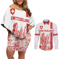 Custom Switzerland Football Couples Matching Off Shoulder Short Dress and Long Sleeve Button Shirt Confoederatio Helvetica