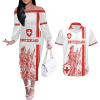 Custom Switzerland Football Couples Matching Off The Shoulder Long Sleeve Dress and Hawaiian Shirt Confoederatio Helvetica