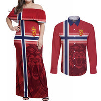 Custom Norway Football Couples Matching Off Shoulder Maxi Dress and Long Sleeve Button Shirt Norges Herrelandslag i Fotball