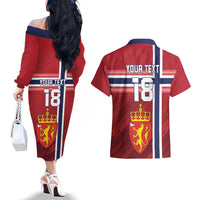 Custom Norway Football Couples Matching Off The Shoulder Long Sleeve Dress and Hawaiian Shirt Norges Herrelandslag i Fotball