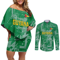Custom Guyana Football Couples Matching Off Shoulder Short Dress and Long Sleeve Button Shirt One Team One Game Green Version - Wonder Print Shop