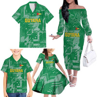 Custom Guyana Football Family Matching Off The Shoulder Long Sleeve Dress and Hawaiian Shirt One Team One Game Green Version - Wonder Print Shop